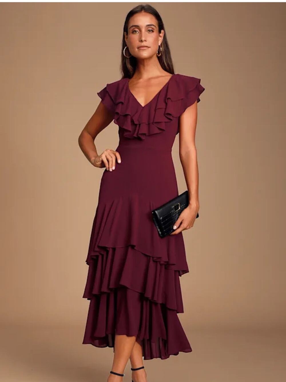 Lulus Betsey Burgundy Ruffled Midi Dress Size Xtra Small